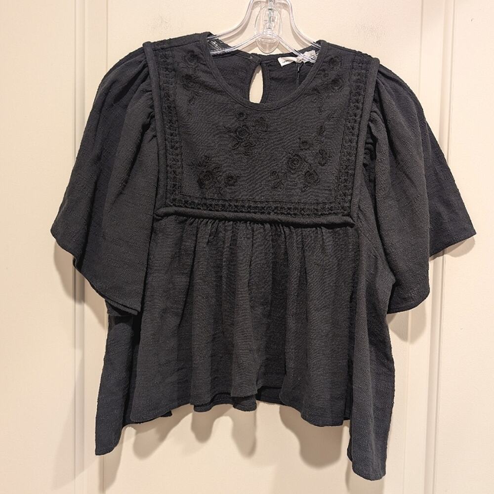 100% Cotton Unsubscribed Embroidered Boho Blouse Short Bell Sleeve Black 2